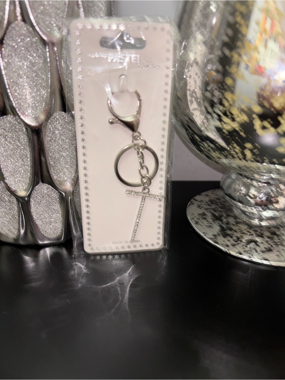 ✨ Charm/Keychain- Silver Rhinestone Initial Letter “T” Charm ✨